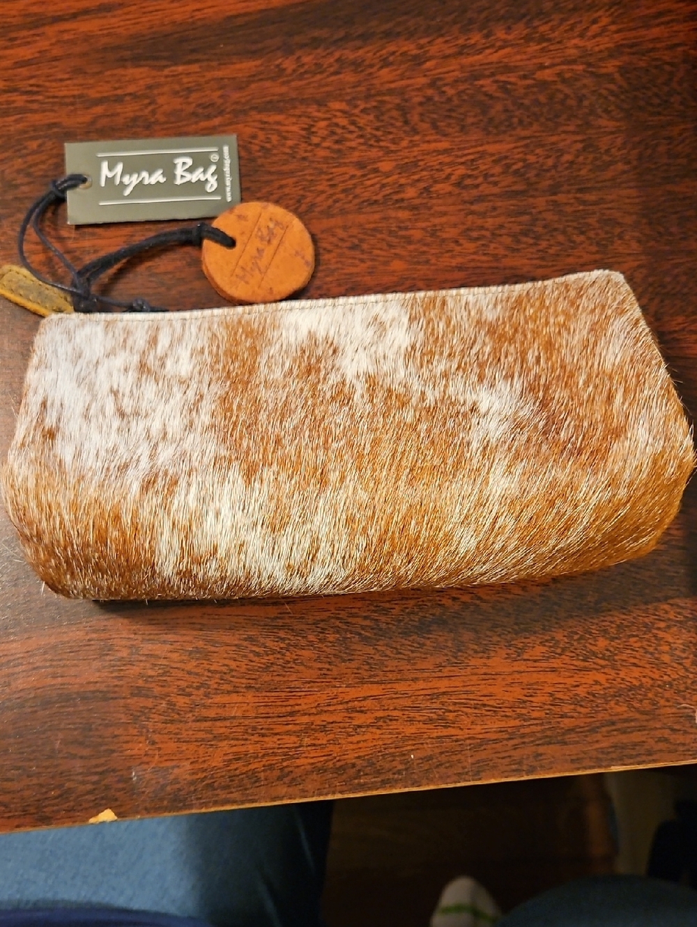 Myra Bag Brown & White Haircalf Zip Pouch with Leather Tag